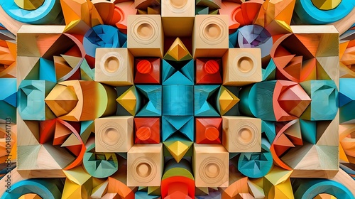 Wooden toy blocks stacked in an intricate pattern with a kaleidoscope background photo