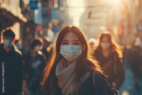 A woman wearing a white face mask and a tan scarf walks through a crowded city street. The sun is setting behind her and the city lights are starting to turn on.