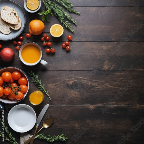 Rustic Tabletop with Food and Drink Elements