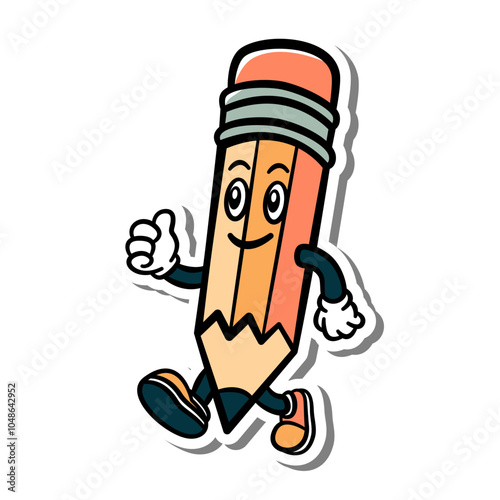 Cute Cartoon Retro Pencil Walking on white silhouette and gray shadow. Digital or printable sticker. Vector illustration for decorate card or any design.