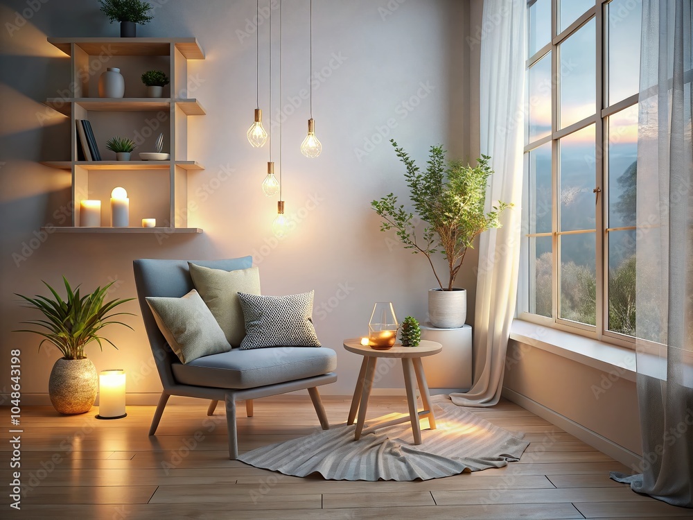 Naklejka premium Minimalist Reading Nook with Pastel Accents in Gentle Evening Light
