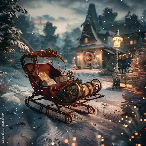 A vintage sleight filled with Christmas gifts and surrounded by festive decorations, adding charm to a snowy landscape.