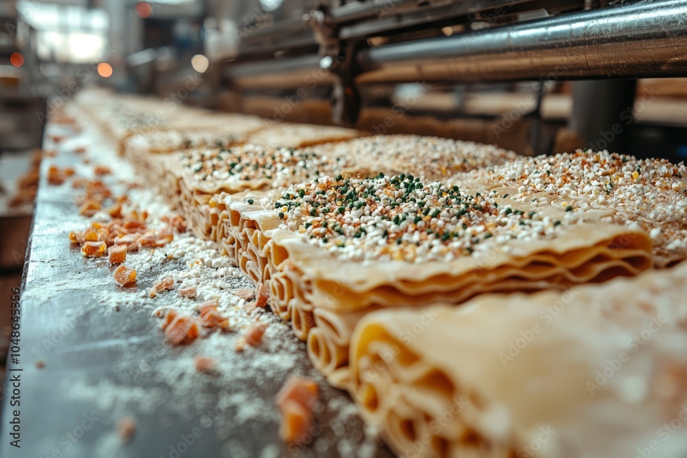 Close-up of Layered Pastry with White and Green Toppings on a Conveyor Belt in a Food Factory Close-up of Layered Pastry with White and Green Toppings on a Conveyor Belt in a Food Factory