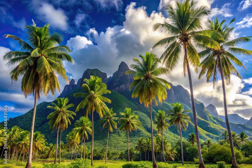 Obraz premium Tropical paradise featuring coconut trees, blue sky, white clouds, and mountains of Moorea