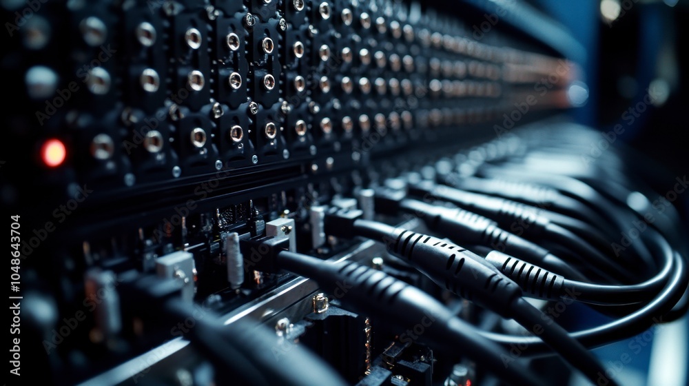 Closeup of Black Cables and Connectors on a Server Rack Closeup of Black Cables and Connectors on a Server Rack