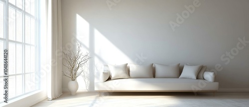 A large white couch is in a room with a window