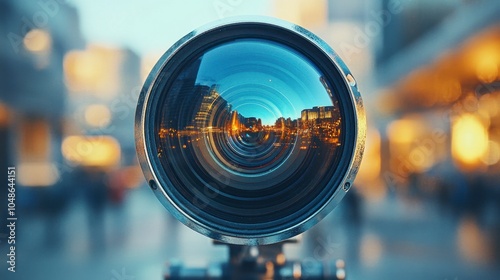 Cityscape Reflected In Camera Lens Closeup