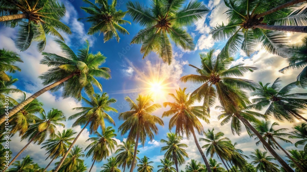 Tropical paradise in the sky with coconut palm trees flat lay Tropical paradise in the sky with coconut palm trees flat lay