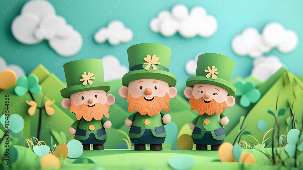 Naklejka premium A cheerful leprechaun in a green hat celebrates St Patrick's Day with shamrocks and a pot of gold, capturing the festive spirit of Ireland