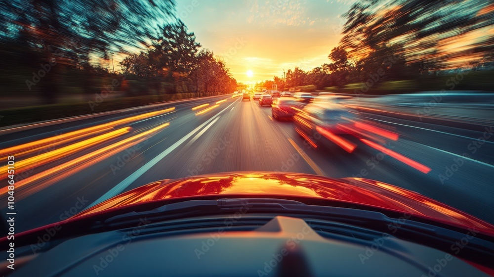 Red Car Driving Sunset Highway Blurred Lights Red Car Driving Sunset Highway Blurred Lights