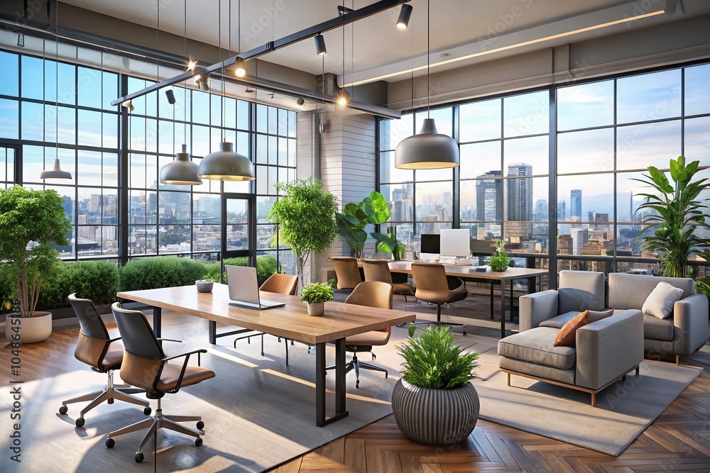 Modern Coworking Space with Cityscape Views and Sleek Furniture for Productive Work Environment Modern Coworking Space with Cityscape Views and Sleek Furniture for Productive Work Environment