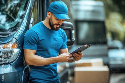 A happy young deliveryman stands by a car filled with packages, symbolizing efficient shipping and delivery services, smiling confidently