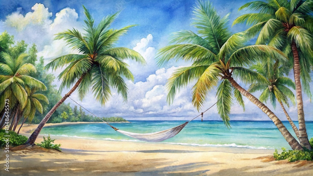 Obraz premium Tropical paradise watercolor with white sand, palm trees, and hammock reflected