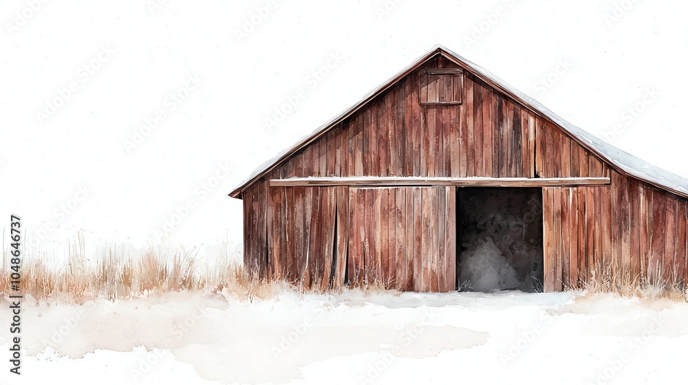Rustic red barn on white isolated background with grassy surroundings. Rustic red barn on white isolated background with grassy surroundings.