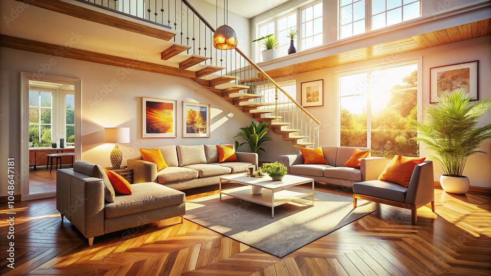 Modern Mockup Living Room Interior with Empty Frames, Sofa, Parquet Flooring, Sunlight, and Stairs - Perfect for Home Modern Mockup Living Room Interior with Empty Frames, Sofa, Parquet Flooring, Sunlight, and Stairs - Perfect for Home