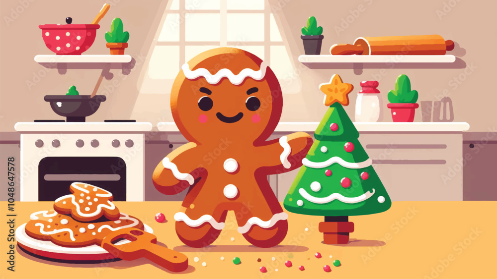 Naklejka premium A gingerbread character with frosting details, decorating a tiny Christmas tree and baking cookies 