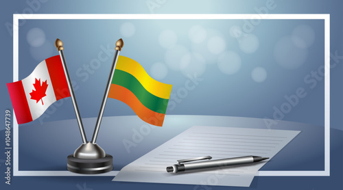 Canada and Lithuanian Small national flag on bokeh background, cooperative relationship