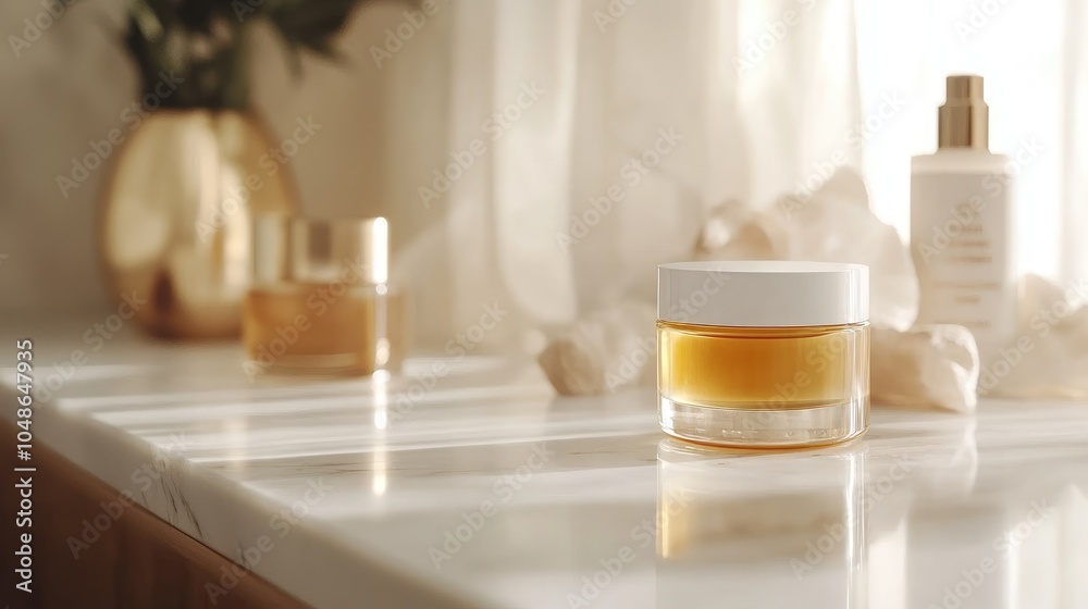 Close-up of luxurious skincare items on a clean, minimalist surface, ideal for beauty and cosmetic marketing Close-up of luxurious skincare items on a clean, minimalist surface, ideal for beauty and cosmetic marketing
