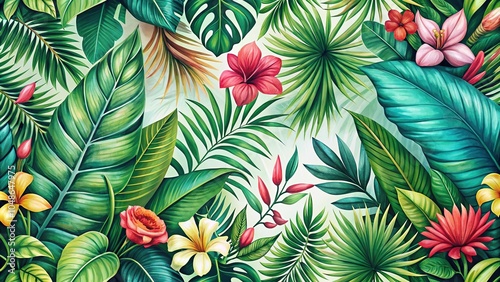 Wallpaper Mural Tropical pattern of leaves and flowers Torontodigital.ca
