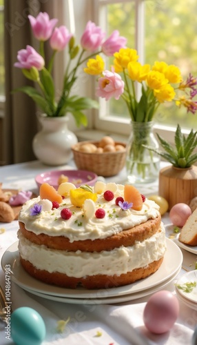 Festive Easter Cake with Spring Flowers and Colorful Eggs on a Decorated Table