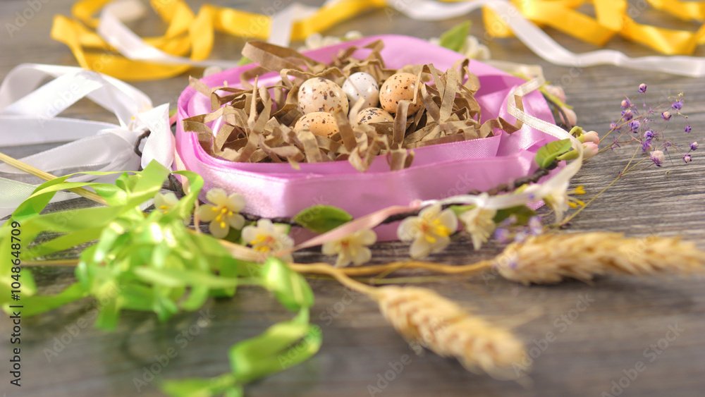 Fototapeta premium Eggs in the nest decorated with ribbons and flowers. Easter celebration concept.