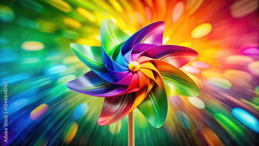 A colorful pinwheel with a rainbow of hues stands out against a vibrant backdrop of blurred lights and radial streaks, radiating a sense of joy and whimsy.