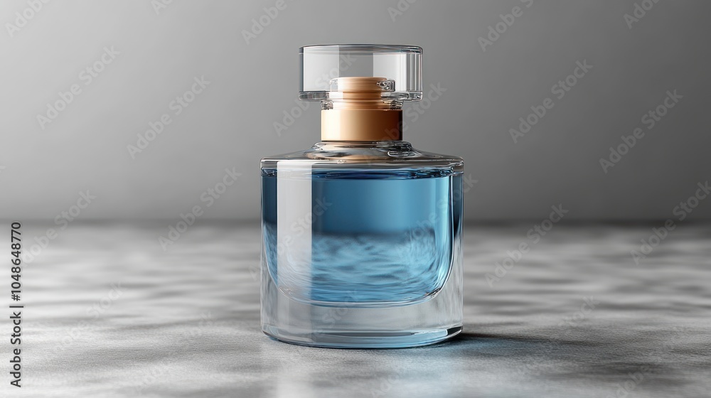 3D mockup of a plain glass perfume bottle, isolated on a transparent background, with a blank label area for branding.