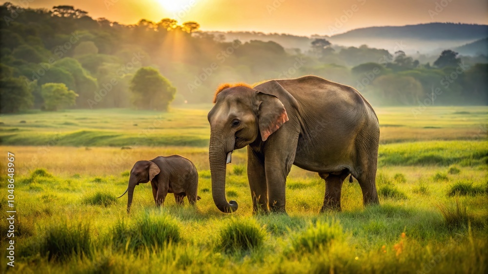 Fototapeta premium Mother and Baby Elephants Grazing in Udawalawe National Park, Sri Lanka - Minimalist Nature Photography