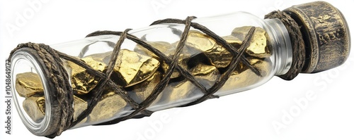 A unique glass bottle filled with golden treasures, beautifully wrapped with rustic twine for a charming vintage look.
