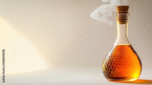 Elegant glass bottle with amber liquid and steam against a soft background, perfect for beverage or culinary visuals. photo