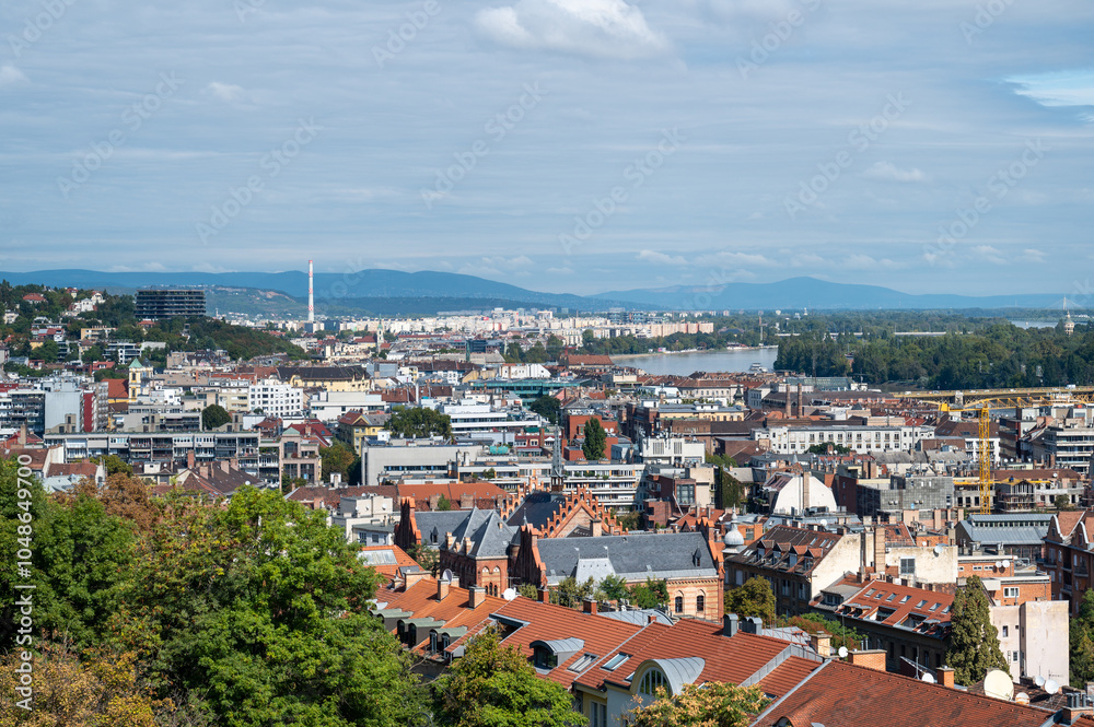 Obraz premium Budapest downtown - drone aerial video of the Hungarian capital. Buda and Danube river at sunrise. Aerial drone view of the Budapest city. Drone view of the capitol city Budapest.
