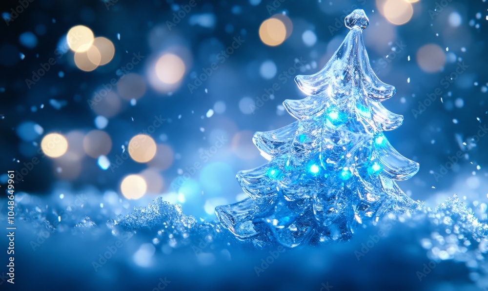 A shimmering ice sculpture of a Christmas tree, with intricate frost patterns and soft, glowing blue lights embedded within, set against a snowy background A shimmering ice sculpture of a Christmas tree, with intricate frost patterns and soft, glowing blue lights embedded within, set against a snowy background