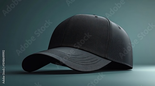 3D rendering of a plain black baseball cap, floating on a clear background, with a front panel left blank for logo design. photo