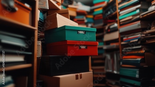 Cluttered, mismanaged storage room filled with unorganized boxes, [disorganized , cluttered , mismanaged], [storage room chaos], , photo