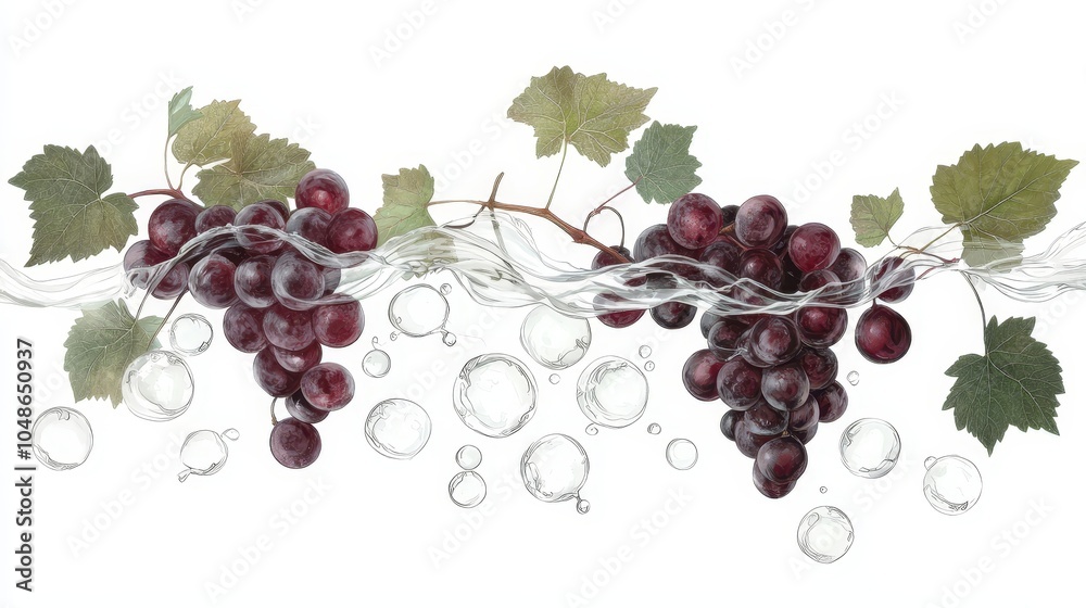 Fototapeta premium Fresh Red Grapes in Water Splash with Bubbles and Vine Leaves