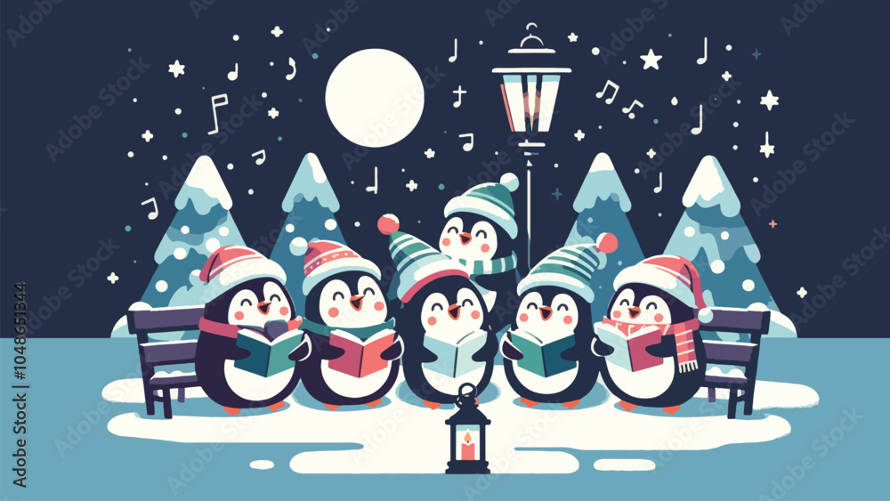 Naklejka premium A group of penguins in festive hats singing carols on a snowy street, holding music sheets. A lantern glows above them, and little stars twinkle in the night sky 