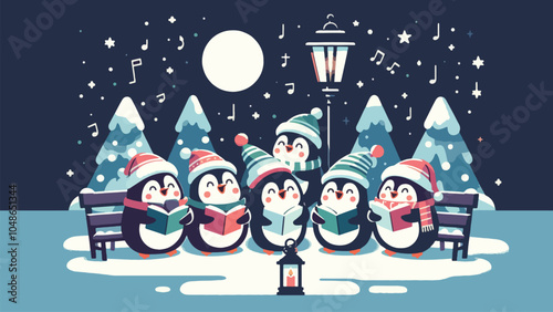 A group of penguins in festive hats singing carols on a snowy street, holding music sheets. A lantern glows above them, and little stars twinkle in the night sky 