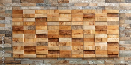 A wall of rectangular wooden blocks, arranged in a staggered pattern, creates a unique and organic texture. photo