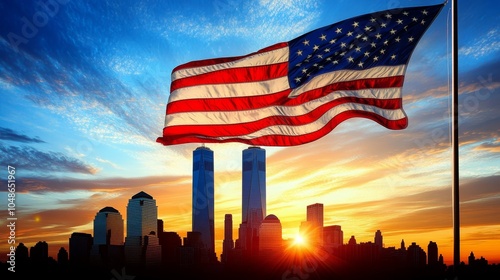 Silhouette of the New York skyline featuring the iconic Twin Towers and the American flag at sunset, symbolizing Patriot Day and honoring the memory of those lost on 09.11.2001 photo