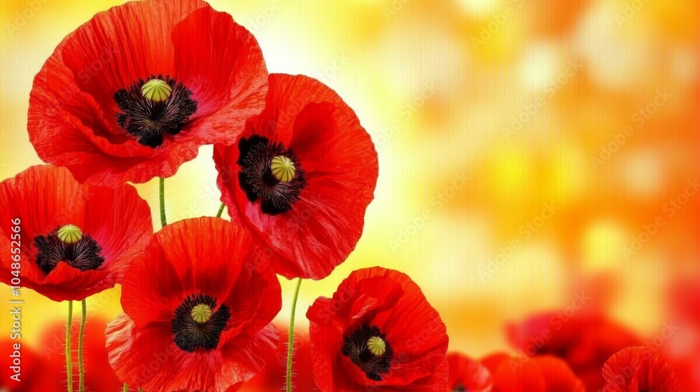 Obraz premium A vibrant poppy flower, known as Papaver rhoeas, is beautifully illuminated by soft sunlight, symbolizing remembrance day, serving as a poignant reminder of the sacrifices made for peace and freedom