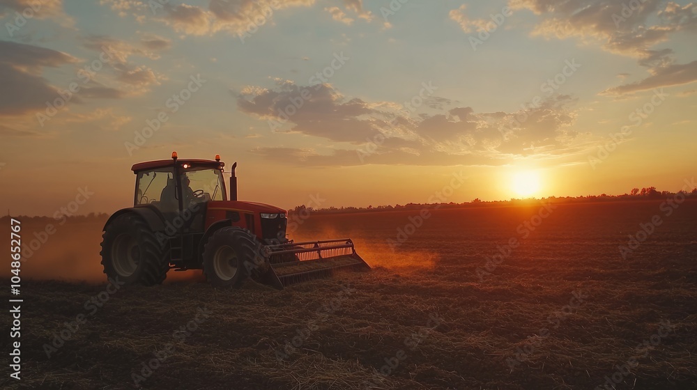 Fototapeta premium Tractor plowing fertile fields at dawn, sowing grain under a stunning sunrise, capturing the essence of farming life and agricultural practices in a serene rural landscape