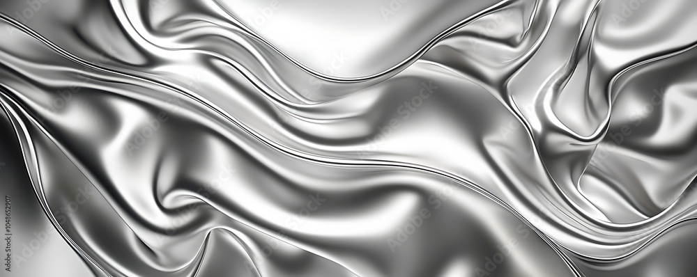 Obraz premium A smooth, shiny silver metallic texture with reflective qualities. The light reflections and soft folds give the material a polished