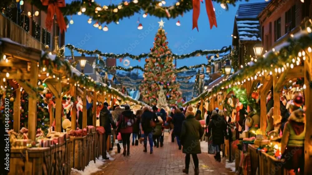 A vibrant holiday market set in a historic town square, with wooden stalls adorned with garlands and fairy lights A vibrant holiday market set in a historic town square, with wooden stalls adorned with garlands and fairy lights
