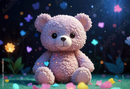 A teddy bear sits on a soft rug, creating a festive and joyful atmosphere