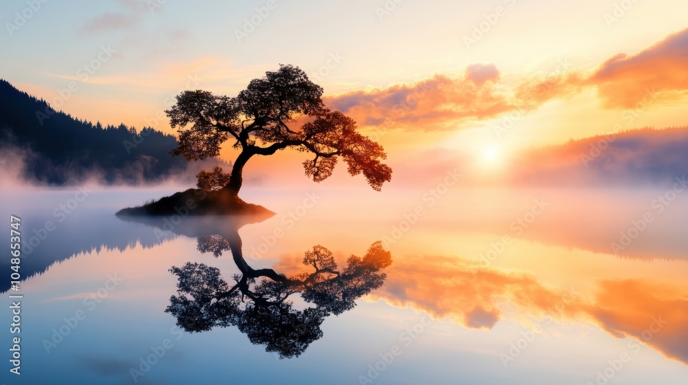 A mist shrouded lake reflects the warm glow of the setting sun, creating a surreal scene where the boundaries between sky and water blur. A mist shrouded lake reflects the warm glow of the setting sun, creating a surreal scene where the boundaries between sky and water blur.
