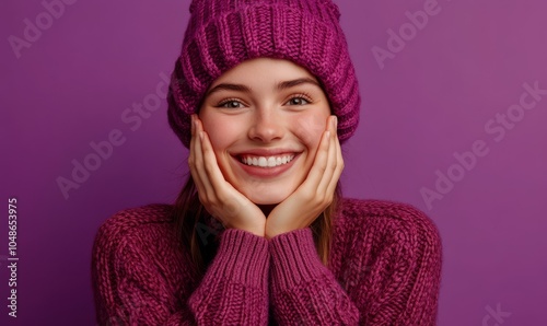 happy girl hears positive news, keeps hands under chin, wears hat and jumper, smiles broadly, rejoices good winter day, isolated over purple background.