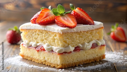 A delicious strawberry cake with whipped cream and fresh strawberries, a sweet treat for any occasion.