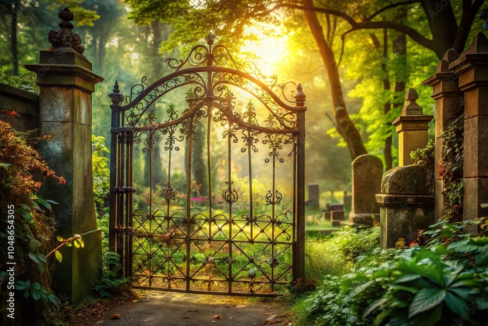 Obraz premium Old Iron Gate Cemetery Entrance in Nature - Haunting Double Exposure Photography