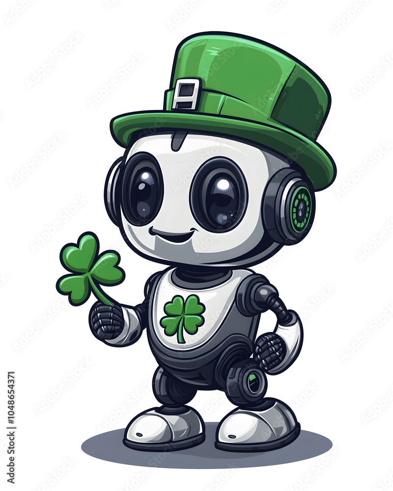 Obraz premium Lucky Robot Wearing Green Leprechaun Hat Holding Shamrock
