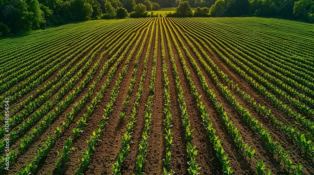 Aerial view of young corn field with neat rows, rich soil between vibrant green crops, precision farming landscape, treeline in background, spring planting season. Aerial view of young corn field with neat rows, rich soil between vibrant green crops, precision farming landscape, treeline in background, spring planting season.